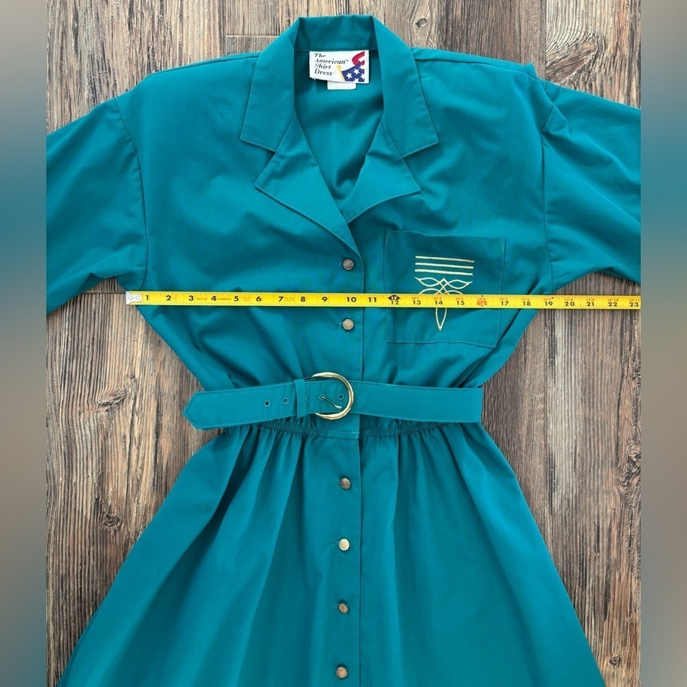 Vtg The American Shirt Dress Womens 8 Midi Belted Teal w/Gold Embroidery Buttons - Picture 6 of 14